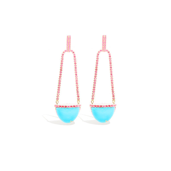 Found Cap Chandelier Earring with Stone - Turquoise & Pink Sapphire