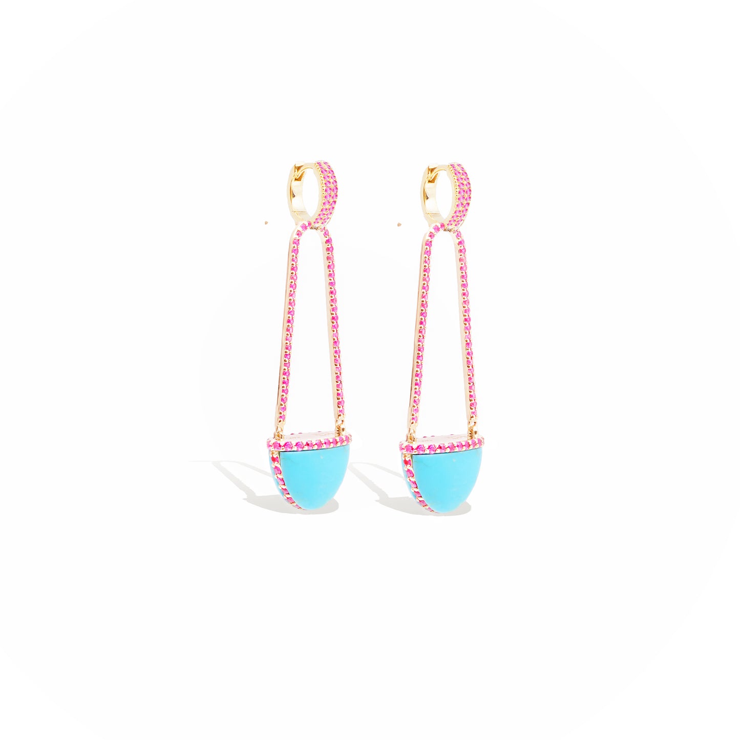 Found Cap Chandelier Earring with Stone - Turquoise & Pink Sapphire