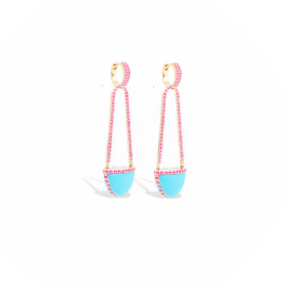 Found Cap Chandelier Earring with Stone - Turquoise & Pink Sapphire
