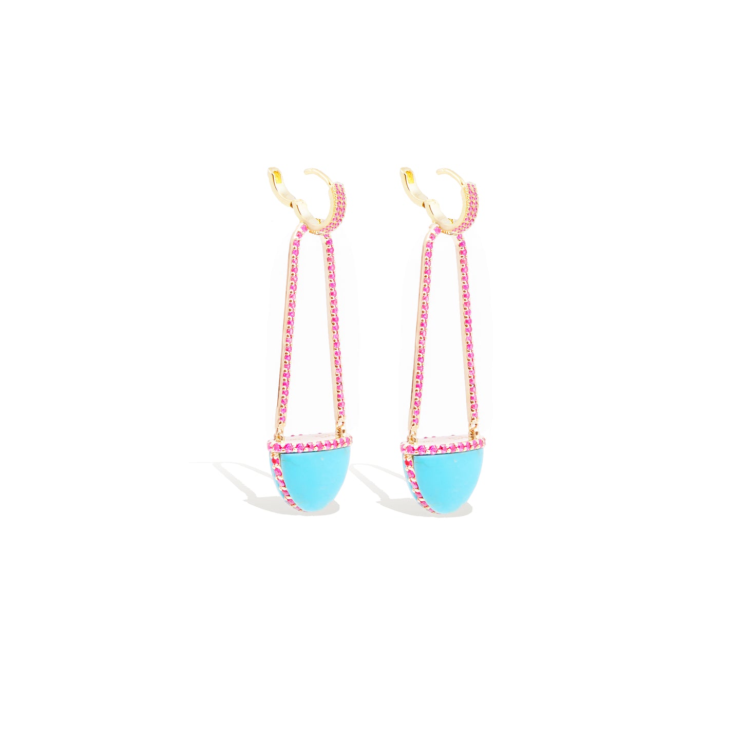 Found Cap Chandelier Earring with Stone - Turquoise & Pink Sapphire