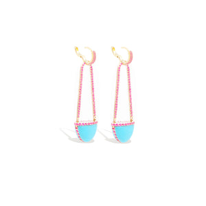 Found Cap Chandelier Earring with Stone - Turquoise & Pink Sapphire