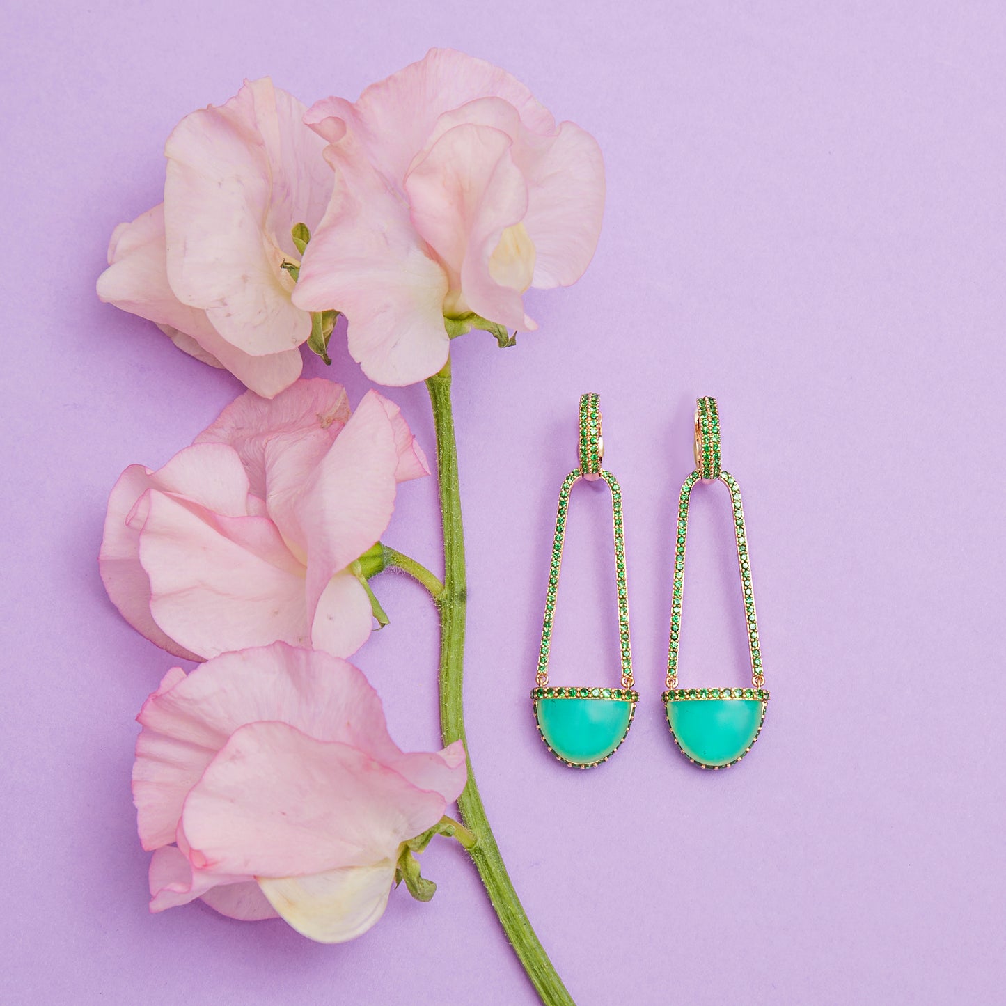 Found Cap Chandelier Earring with Stone - Chrysoprase & Tsavorite