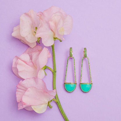 Found Cap Chandelier Earring with Stone - Chrysoprase & Tsavorite