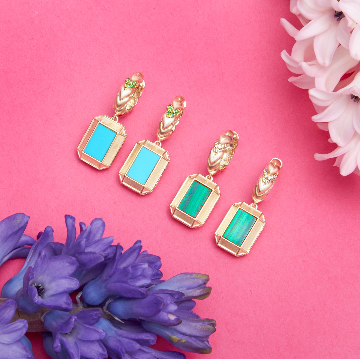 Spark Emerald Cut Drop Huggie - Turquoise & Emerald
