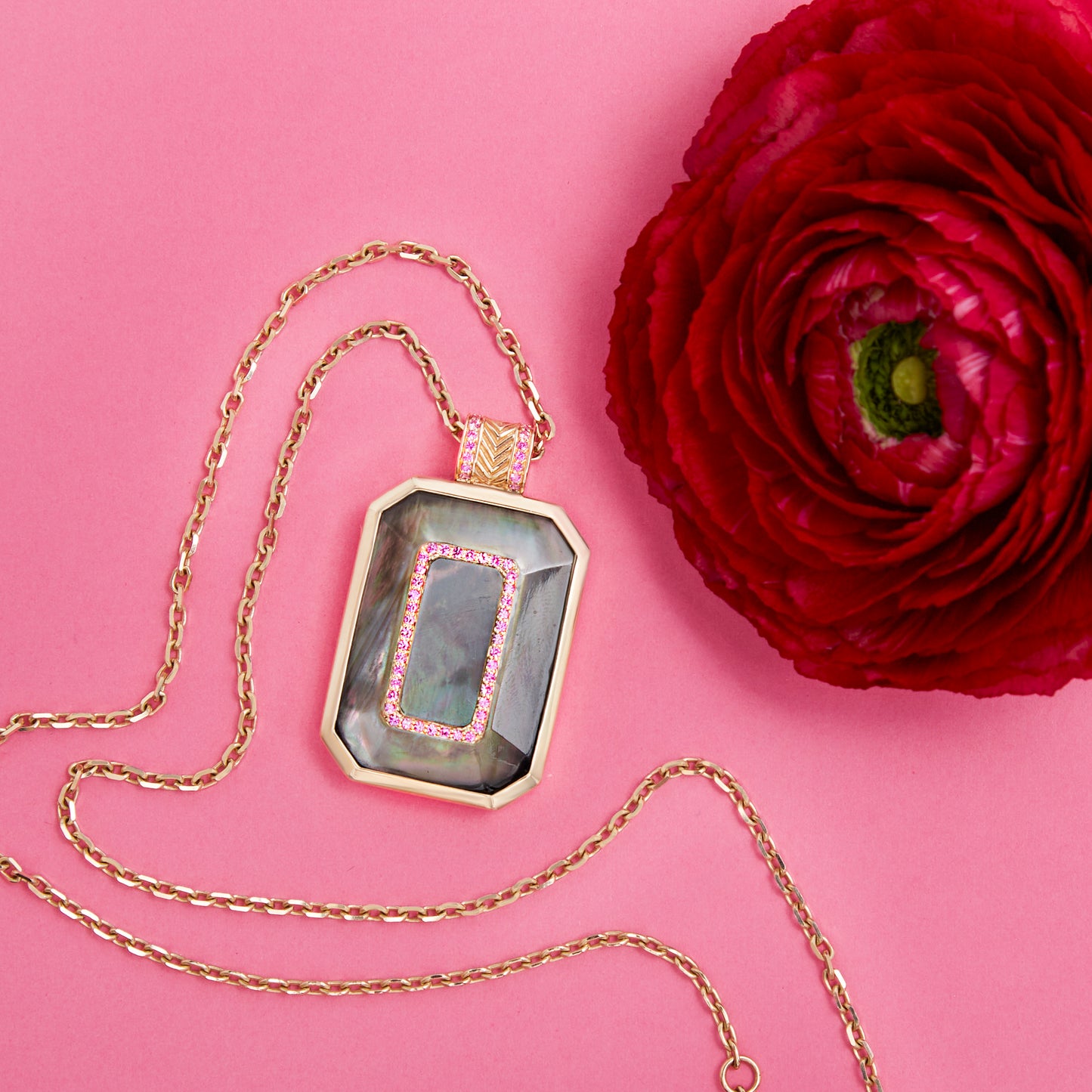 Spark Emerald Cut Pendant Necklace - Black Mother of Pearl & Pink Sapphire