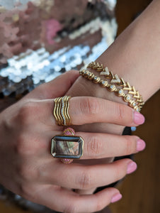 Spark Chevron Emerald Cut Cocktail Ring - Black Mother of Pearl & Pink Sapphire