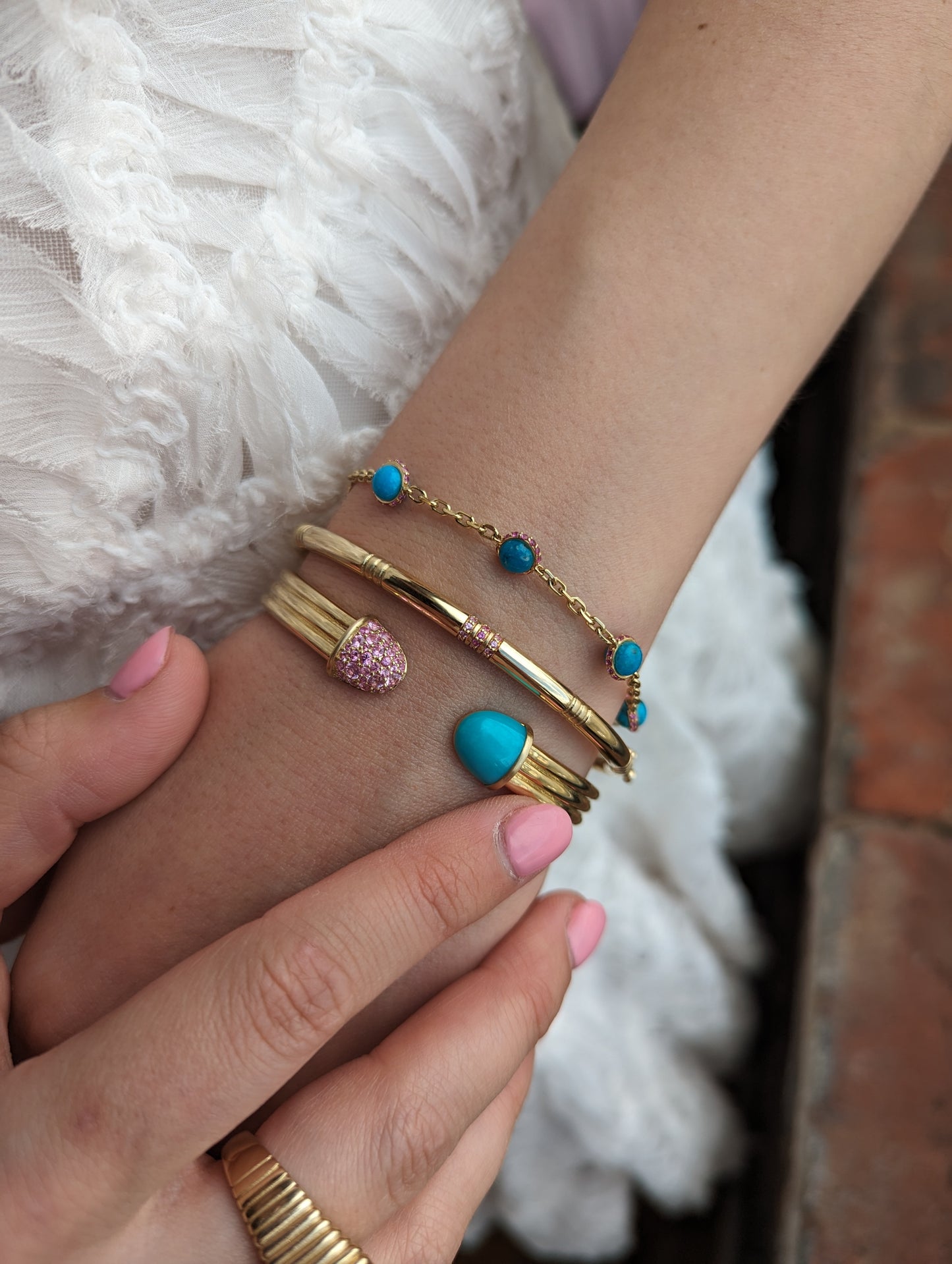 Found Cabochon Station Bracelet - Turquoise & Pink Sapphire