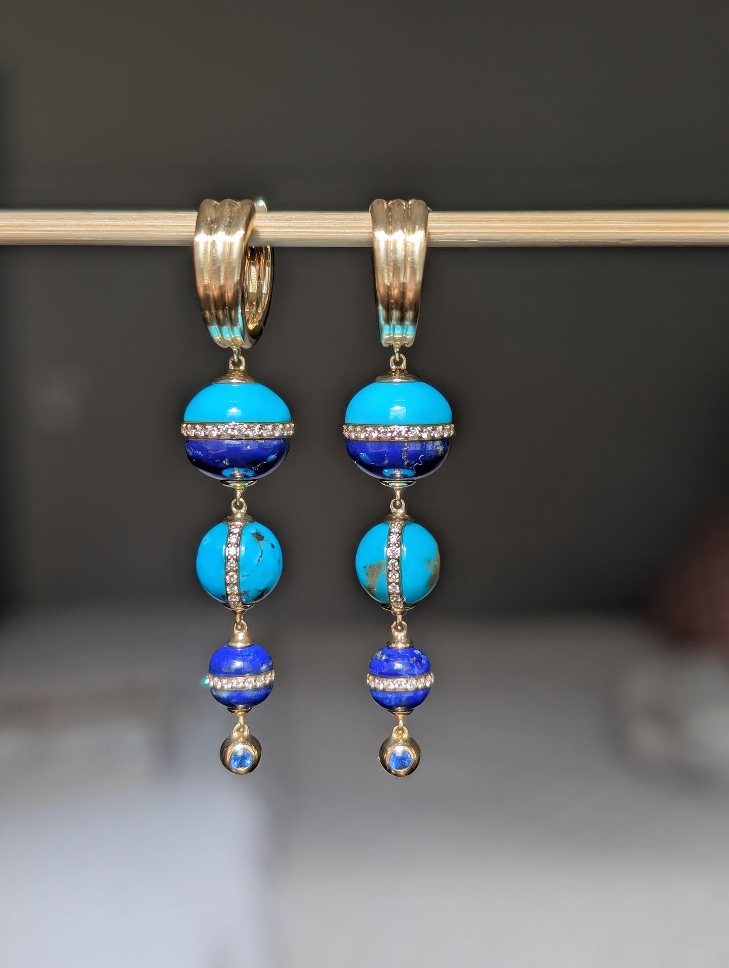 Revel Inlay Bobble Chandelier Earring - Lapis, Turquoise, Blue Sapphire & Diamond