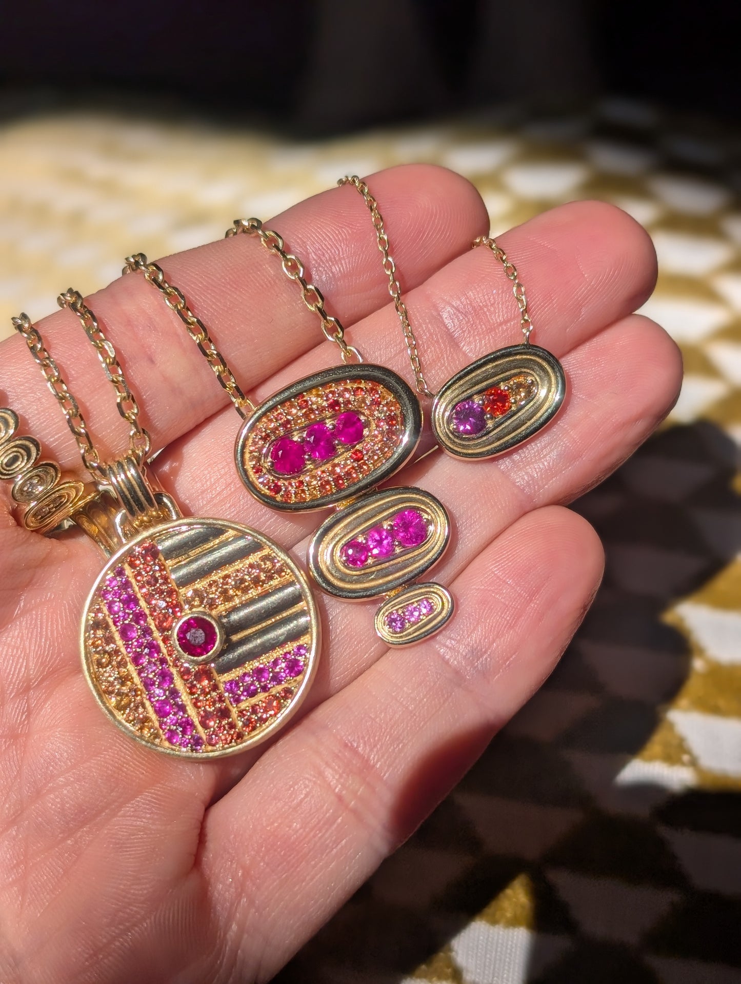 Found Large Disk Pendant Necklace - Pink, Orange & Yellow Sapphire