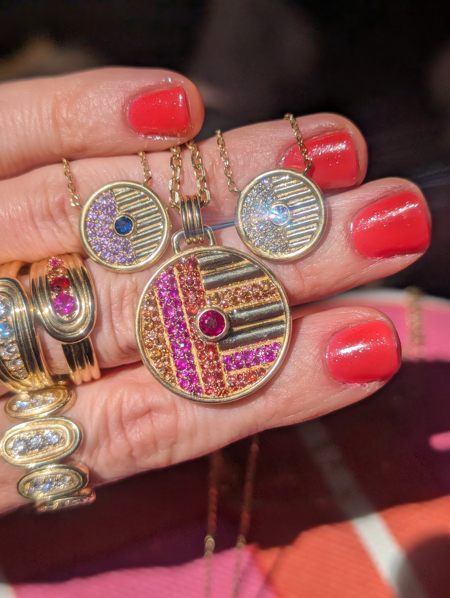 Found Large Disk Pendant Necklace - Pink, Orange & Yellow Sapphire