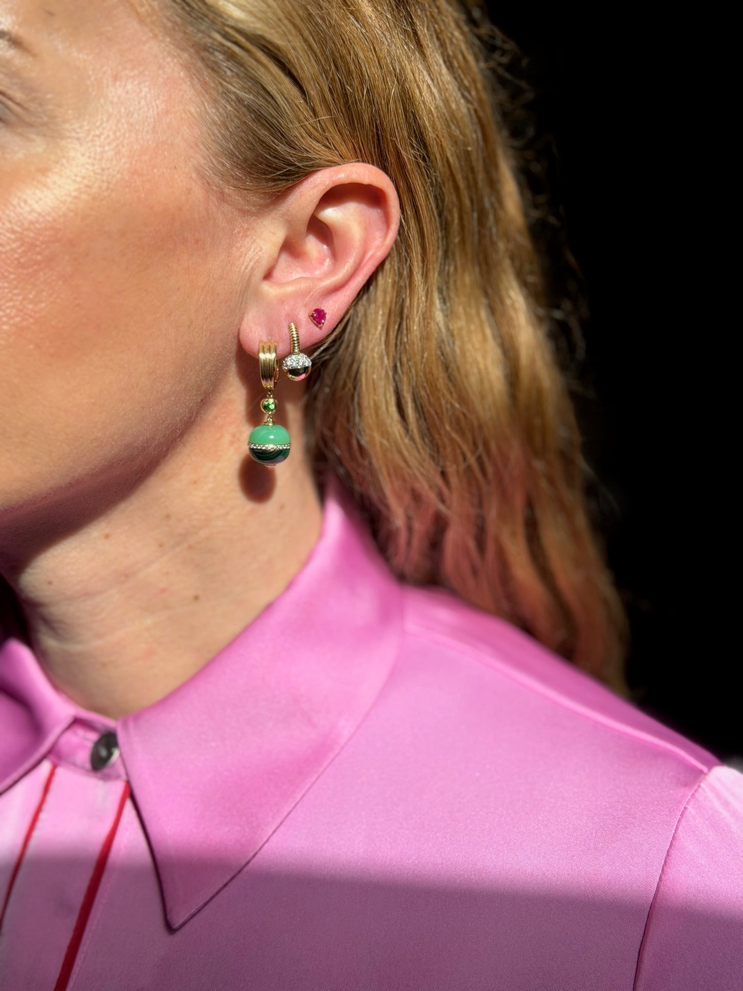 Revel Inlay Bobble Earring - Malachite, Chrysoprase, Tsavorite & Diamond