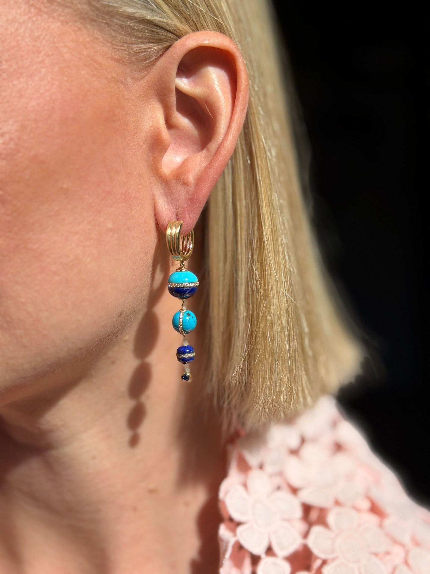 Revel Inlay Bobble Chandelier Earring - Lapis, Turquoise, Blue Sapphire & Diamond