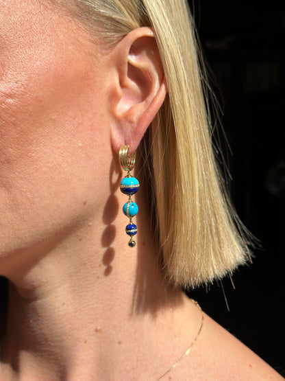 Revel Inlay Bobble Chandelier Earring - Lapis, Turquoise, Blue Sapphire & Diamond