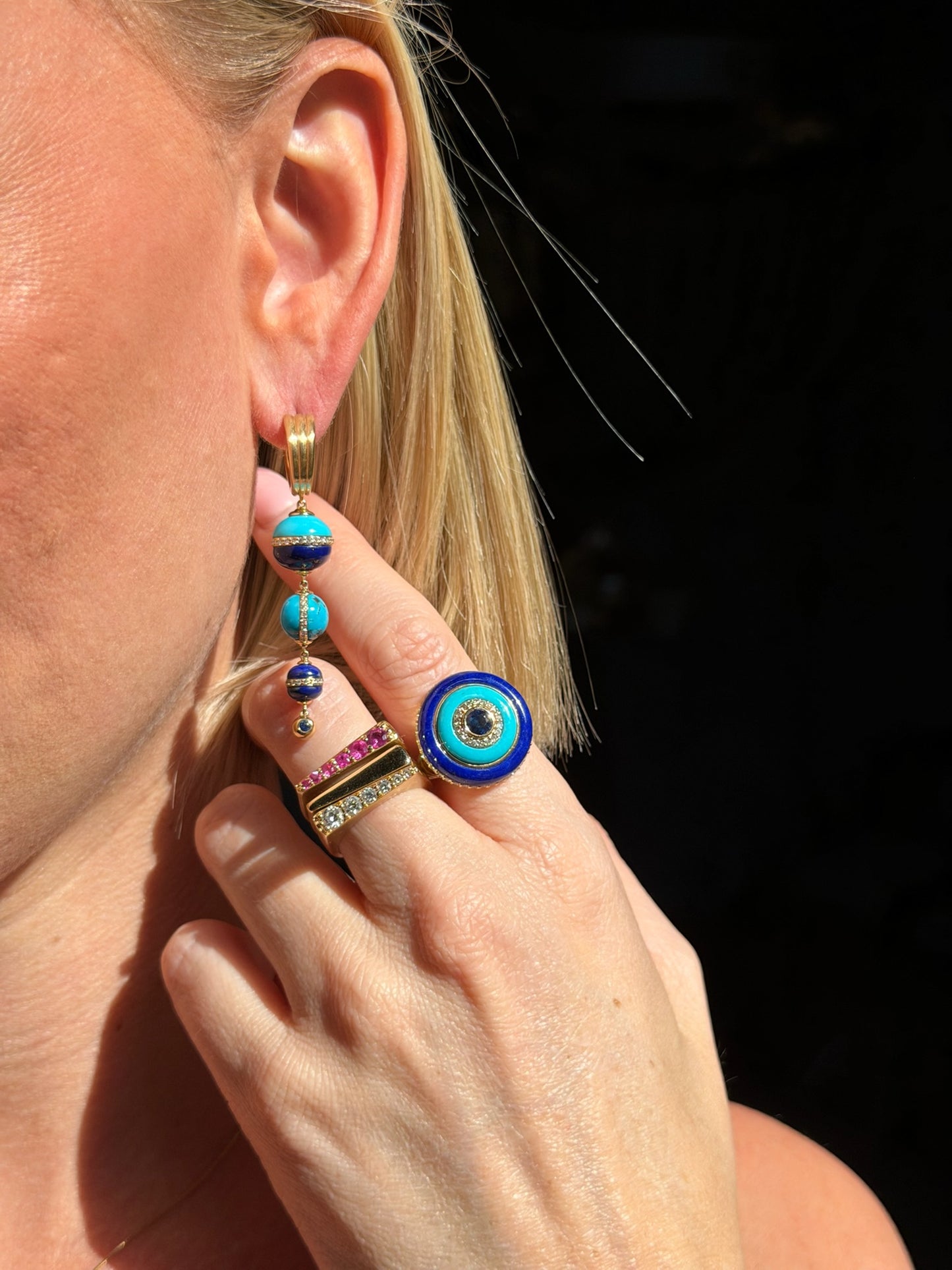 Revel Inlay Bobble Chandelier Earring - Lapis, Turquoise, Blue Sapphire & Diamond