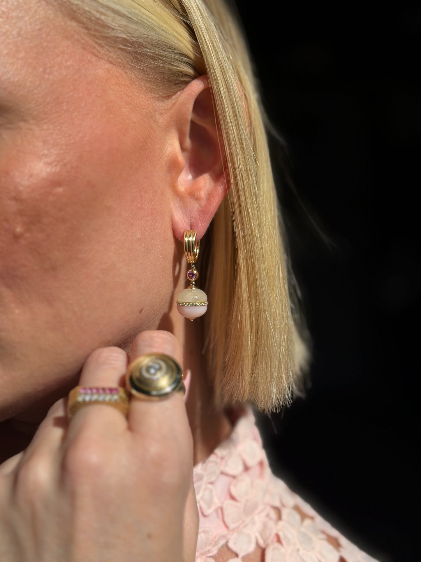 Revel Inlay Bobble Earring - Rainbow Moonstone, Pink Opal, Pink Sapphire & Diamond