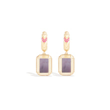 Load image into Gallery viewer, Spark Emerald Cut Drop Huggie - Black Mother of Pearl &amp; Pink Sapphire
