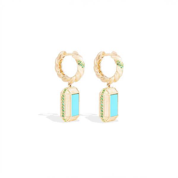 Spark Emerald Cut Drop Huggie - Turquoise & Emerald