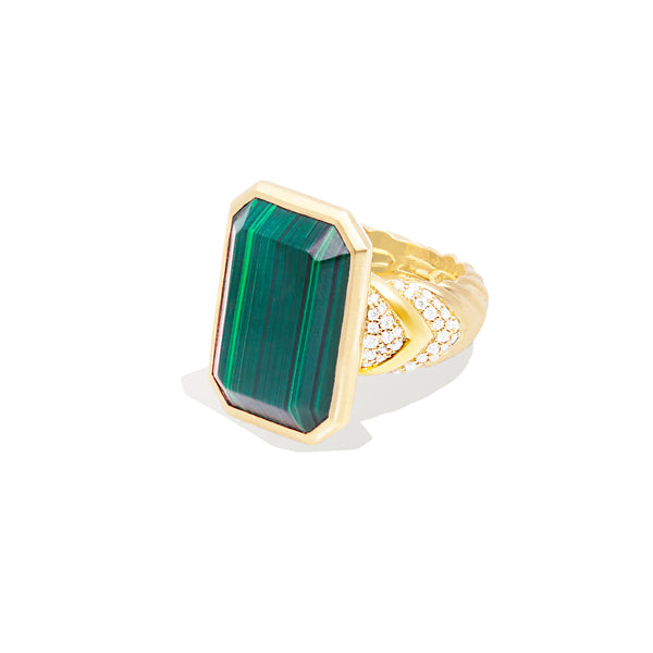 Spark Chevron Emerald Cut Cocktail Ring - Malachite & Diamond