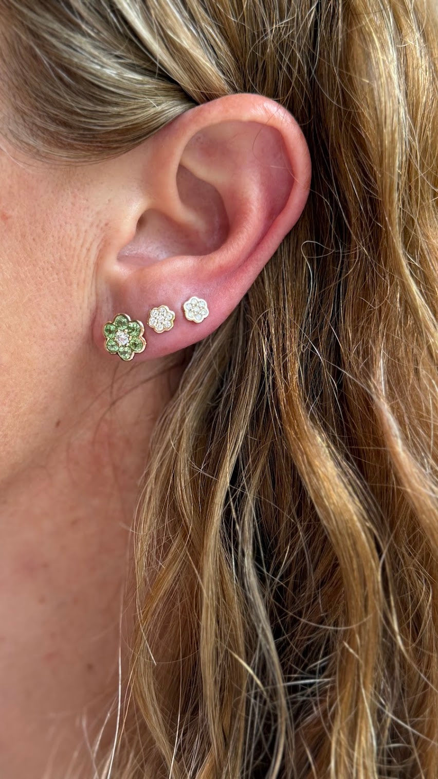 Blooms Stud Earring in Merelani mint garnet and diamond, worn with diamond Mini Studs