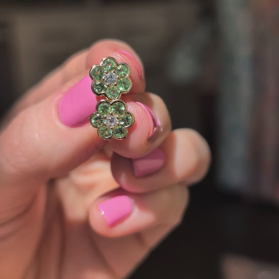 Video of the Blooms Stud Earring in Merelani mint garnet and diamond worn on the ear