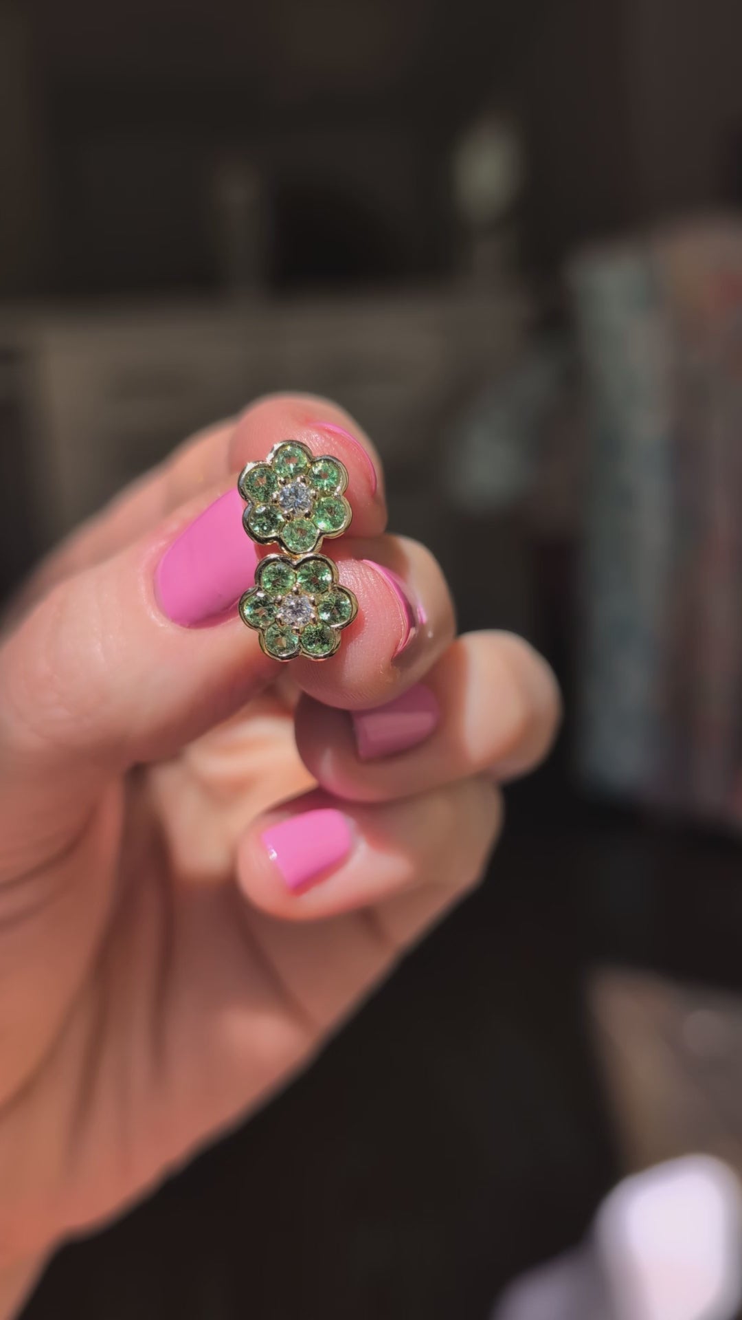 Video of the Blooms Stud Earring in Merelani mint garnet and diamond worn on the ear