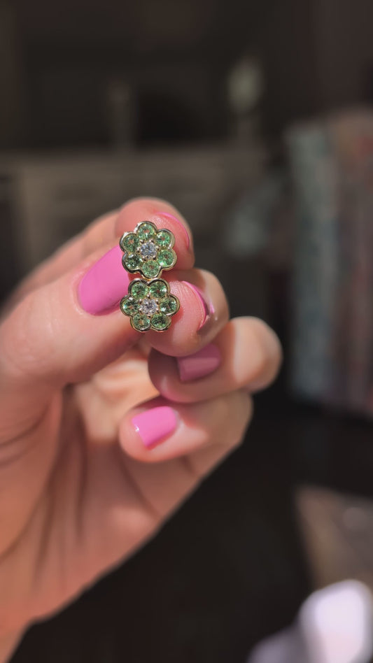 Video of the Blooms Stud Earring in Merelani mint garnet and diamond worn on the ear