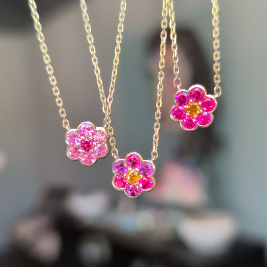Video of Small Blooms Pendant Necklaces in pink and red spinel, garnet and sapphire