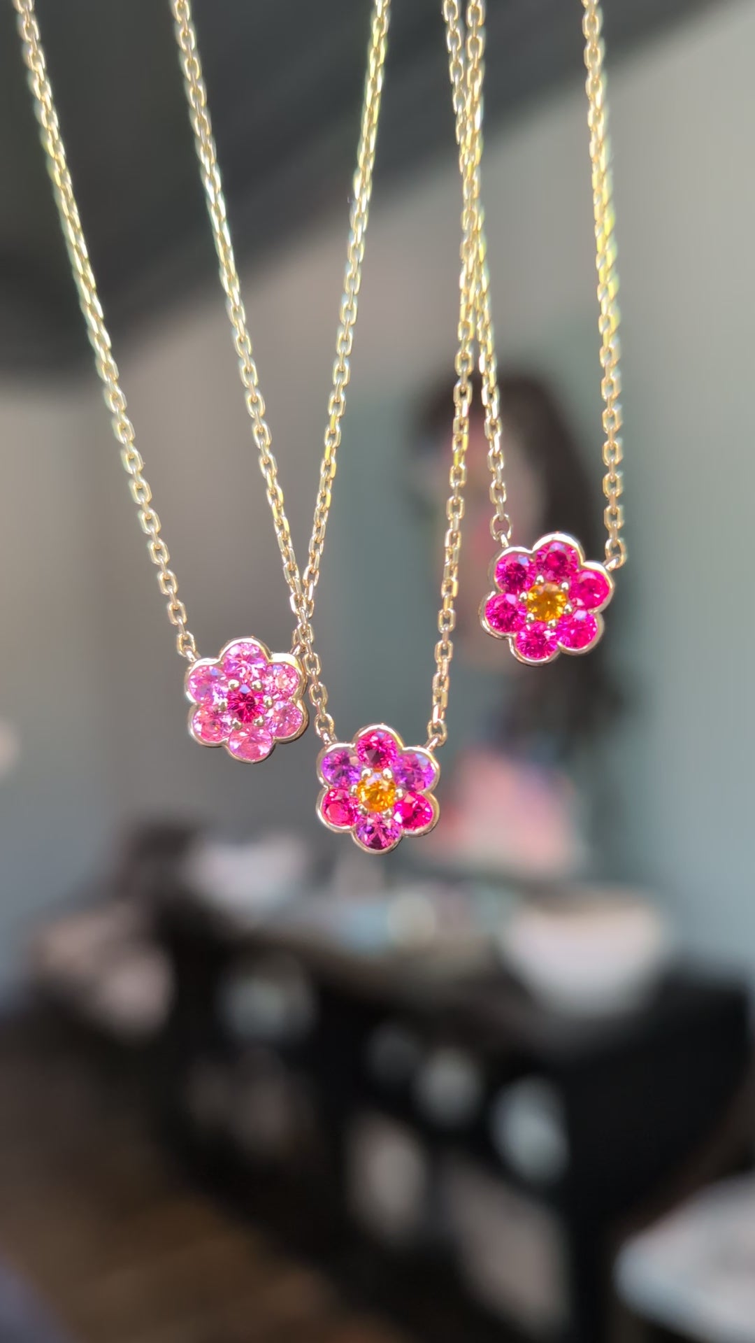 Video of Small Blooms Pendant Necklaces in pink and red spinel, garnet and sapphire