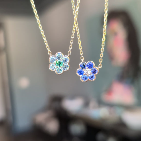 Video of Small Blooms Pendant Necklaces in aquamarine and tourmaline and in blue sapphire and diamond