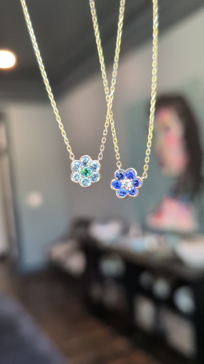 Video of Small Blooms Pendant Necklaces in aquamarine and tourmaline and in blue sapphire and diamond