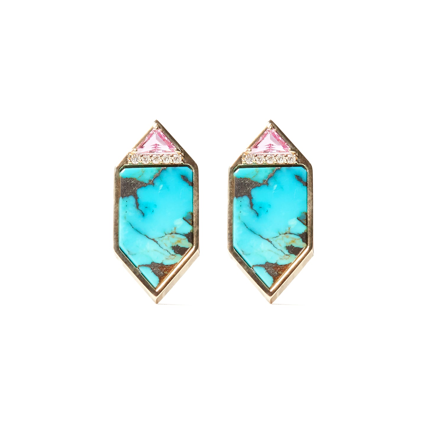 Found Hexagon Stud Earrings - Turquoise, Pink Sapphire & Diamond