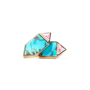 Found Hexagon Stud Earrings - Turquoise, Pink Sapphire & Diamond