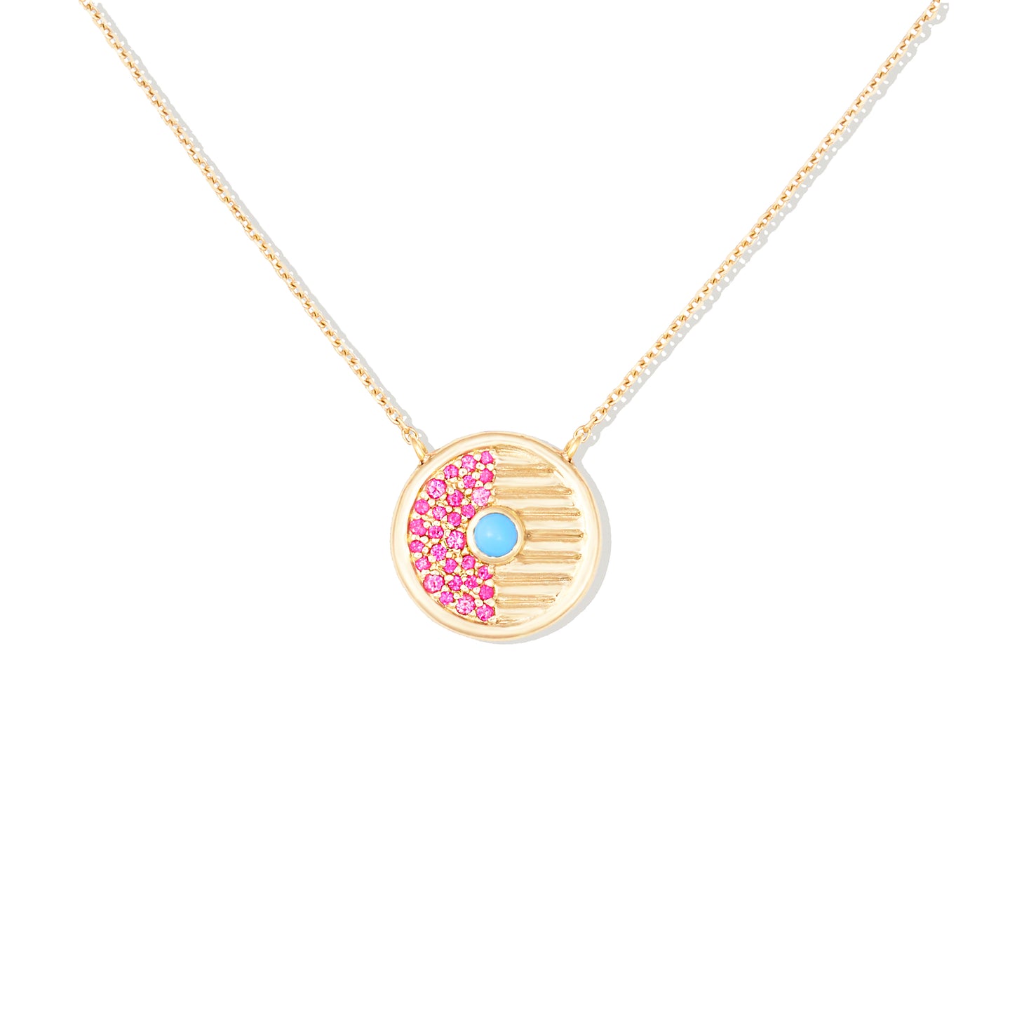 Found Small Disk Pendant Necklace - Pink Sapphire & Turquoise