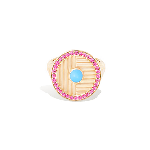 Found Ribbed Cocktail Ring - Turquoise & Pink Sapphire