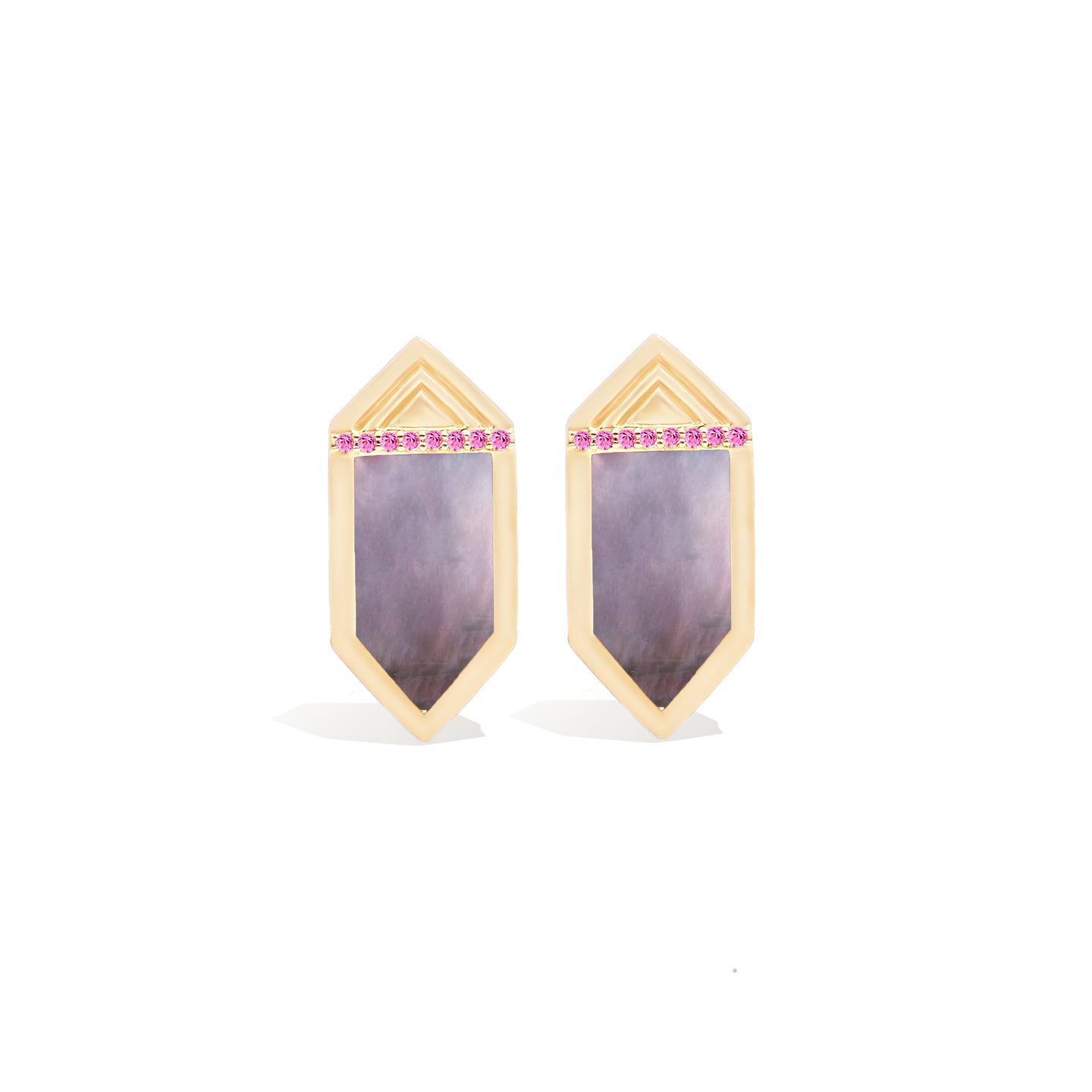 Spark Hexagon Stud Earring - Black Mother of Pearl & Pink Sapphire