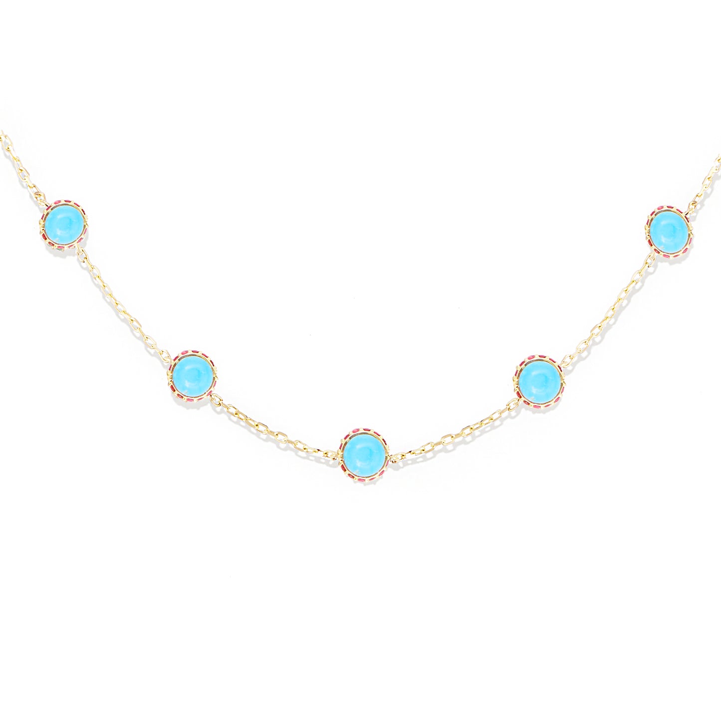 Found Cabochon Station Necklace - Turquoise & Pink Sapphire