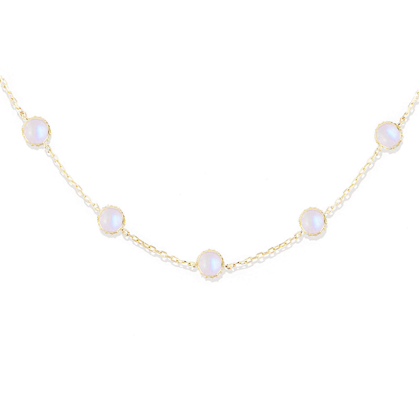 Found Cabochon Station Necklace - Rainbow Moonstone & Diamond
