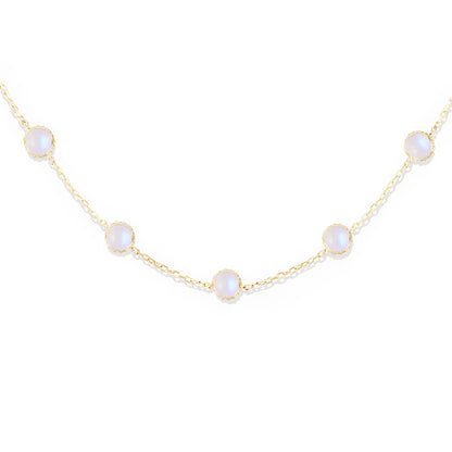 Found Cabochon Station Necklace - Rainbow Moonstone & Diamond
