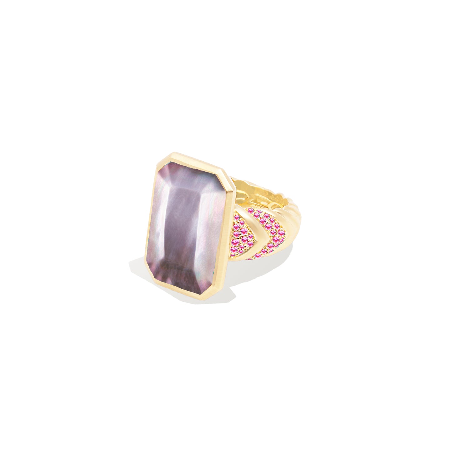 Spark Chevron Emerald Cut Cocktail Ring - Black Mother of Pearl & Pink Sapphire