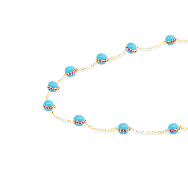 Found Cabochon Station Necklace - Turquoise & Pink Sapphire